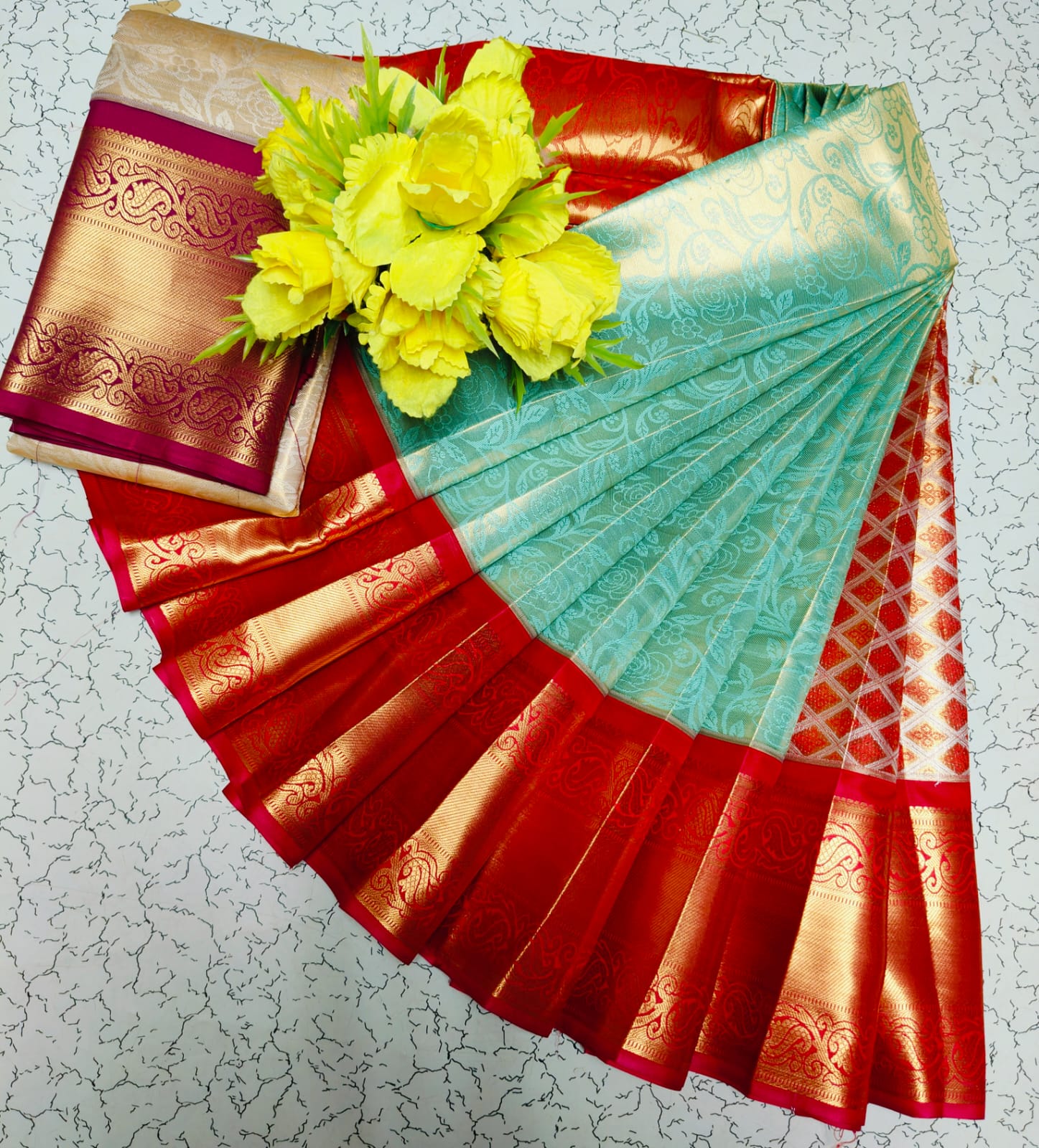 Cream White with Red Tissue Wedding Saree with Rich Zari Design
